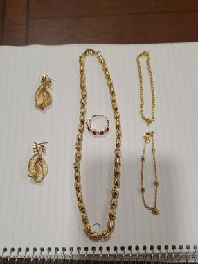 Gold-Tone Women’s Necklace and Jewelry Set with Red-Accent Ring